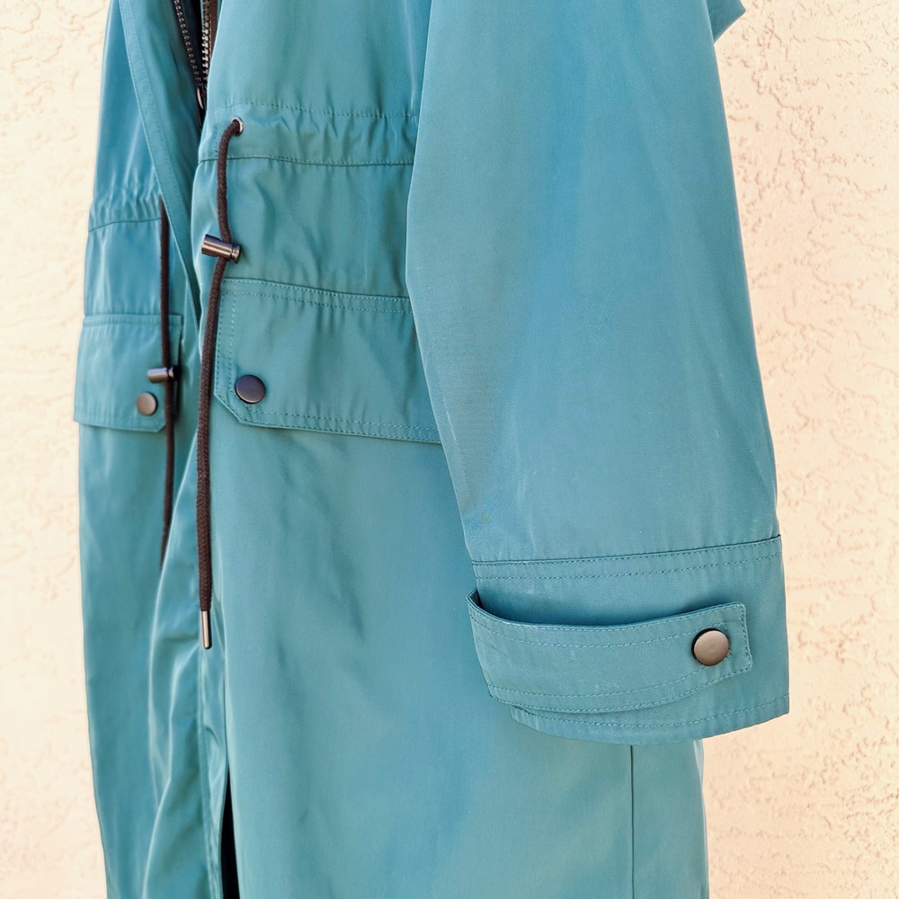 NWT Emerald Green Utility Hooded Long Overcoat Rain Coat Jacket Unisex Sz M - Picture 6 of 9